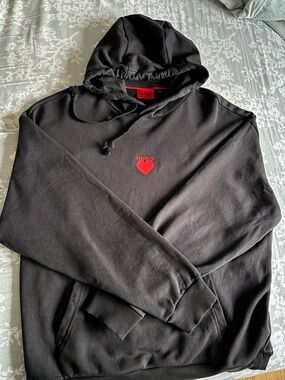 HUGO Black Hoodie with Red Heart Chest Logo